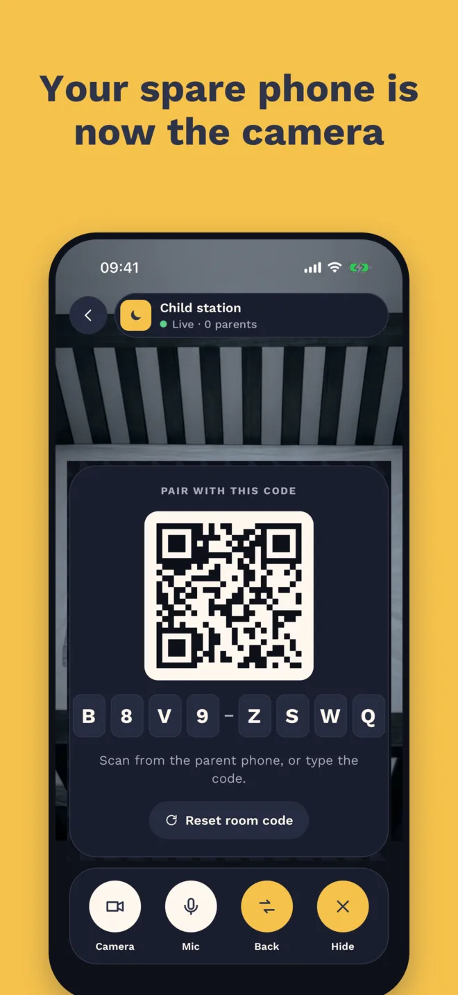 The camera phone showing its QR code and room code.