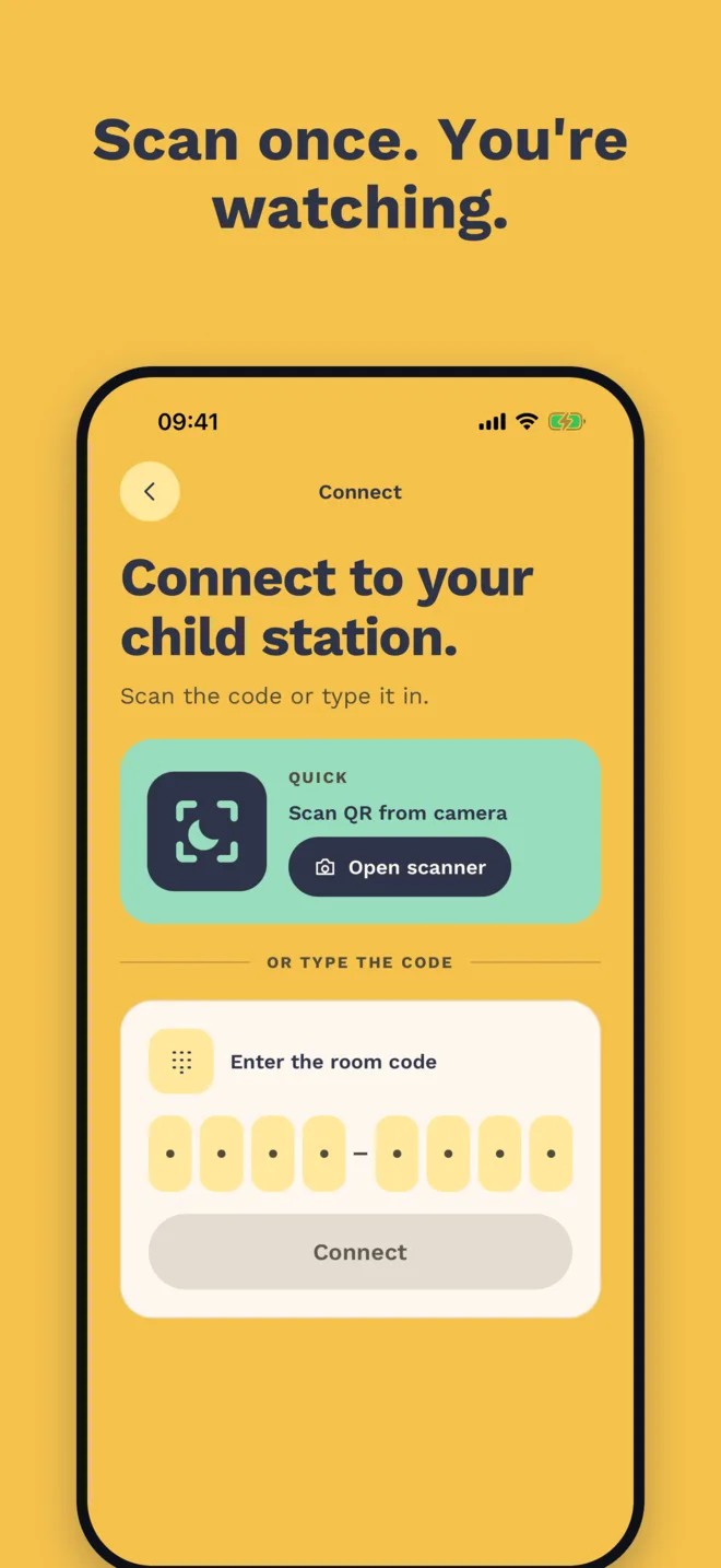 The connect screen, where you scan the QR code or type the room code.